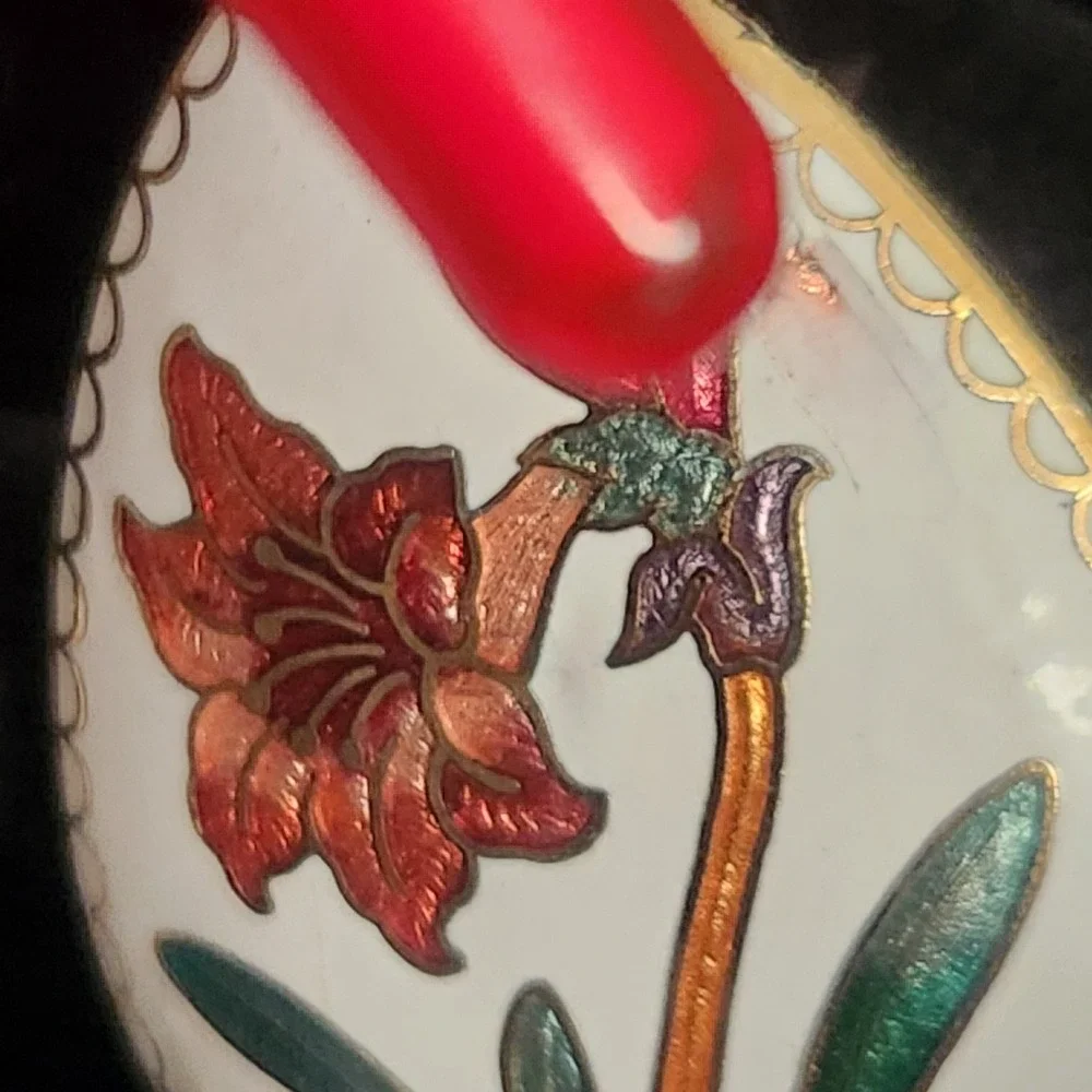 Vintage Cloisonne Enamel‎ Egg Pendant White Orange Floral Lily Gold Tone Charm